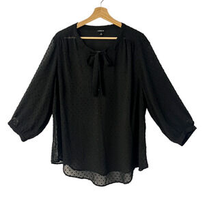 Torrid Swiss Dot Top Size 2X Black Metallic Tie V Neck Sheer Long Sleeve Shirt